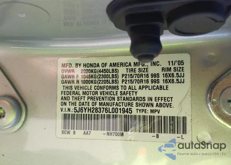 2006 Honda Element Lx from USA, damaged, VIN 5J6YH28376L001945